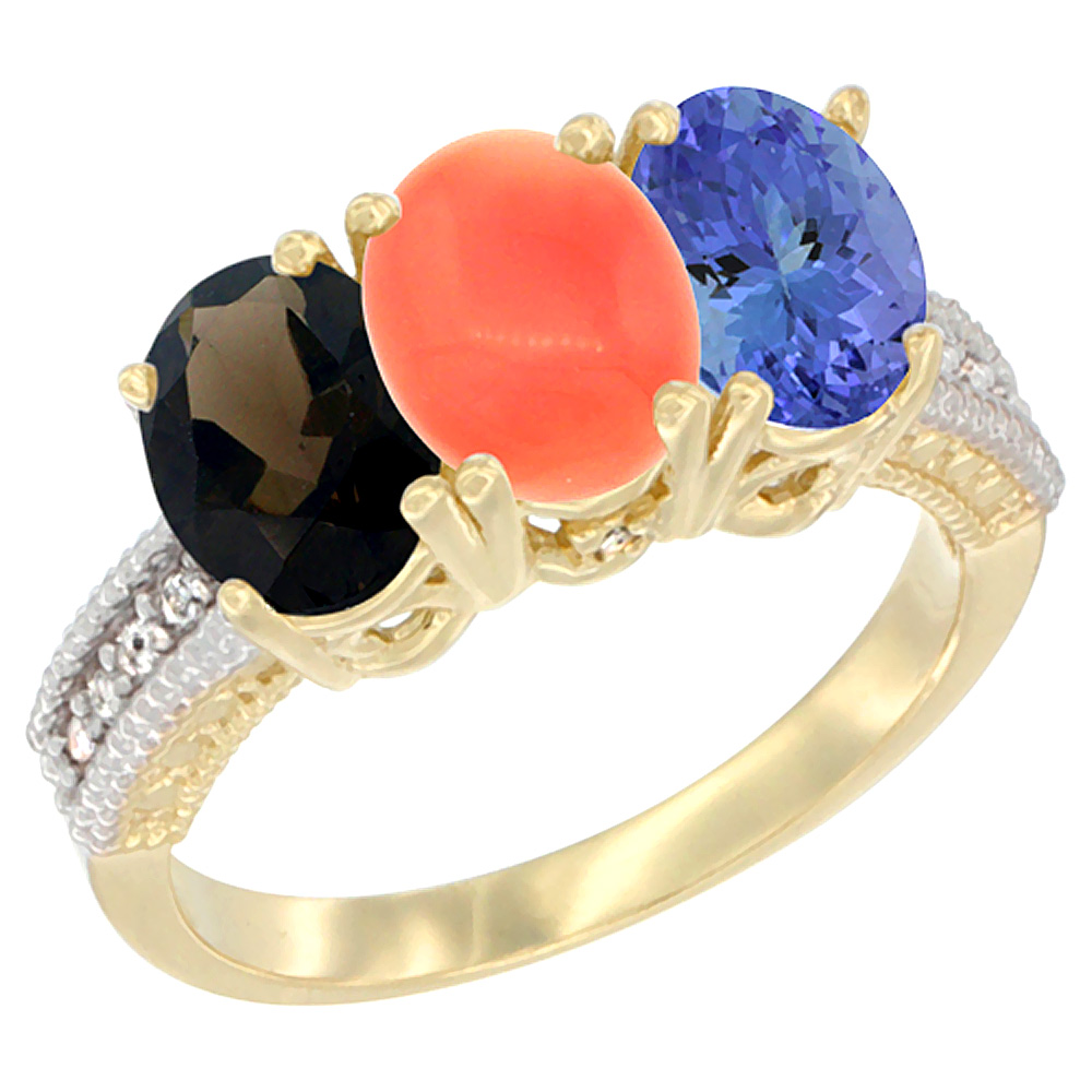 10K Yellow Gold Diamond Natural Smoky Topaz, Coral & Tanzanite Ring 3-Stone 7x5 mm Oval, sizes 5 - 10