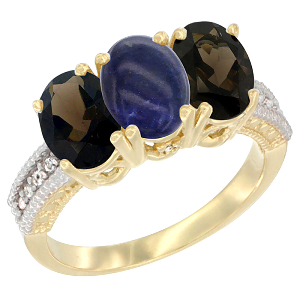 10K Yellow Gold Diamond Natural Lapis & Smoky Topaz Ring 3-Stone 7x5 mm Oval, sizes 5 - 10