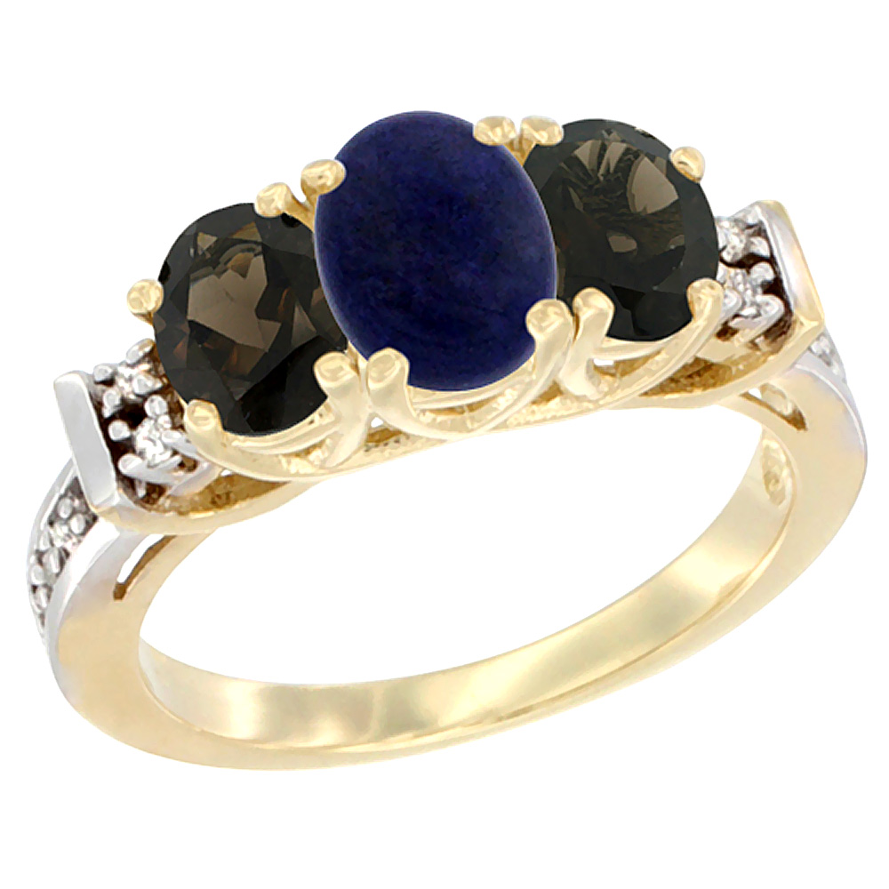 10K Yellow Gold Natural Lapis & Smoky Topaz Ring 3-Stone Oval Diamond Accent