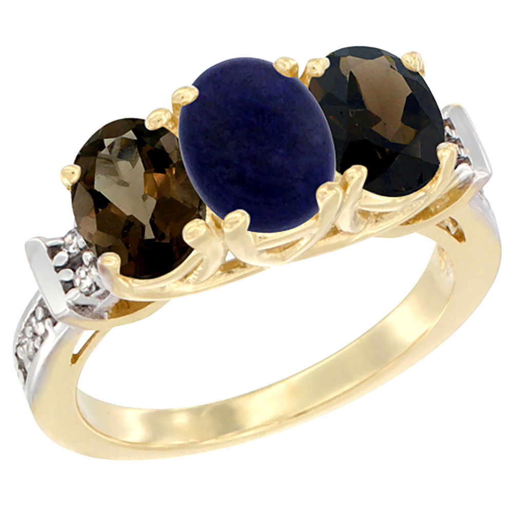 14K Yellow Gold Natural Lapis & Smoky Topaz Sides Ring 3-Stone Oval Diamond Accent, sizes 5 - 10