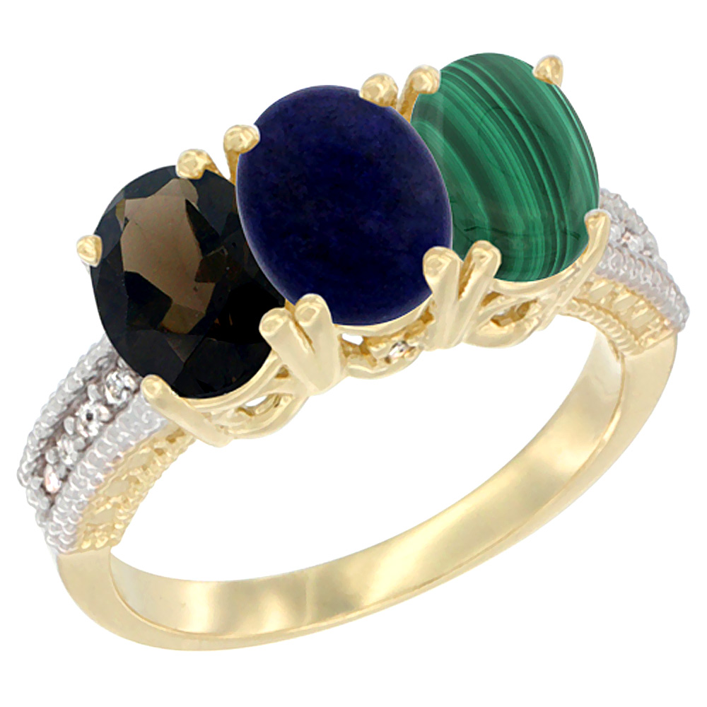 14K Yellow Gold Natural Smoky Topaz, Lapis & Malachite Ring 3-Stone 7x5 mm Oval Diamond Accent, sizes 5 - 10