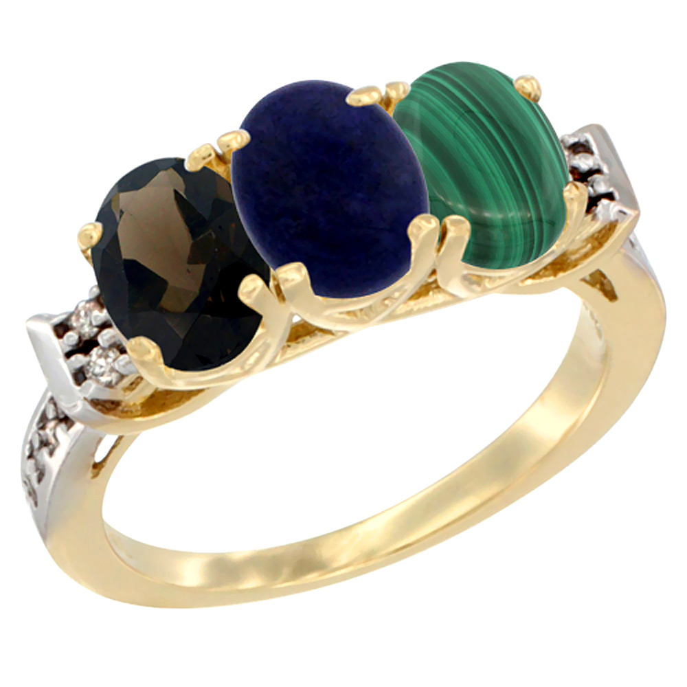 14K Yellow Gold Natural Smoky Topaz, Lapis & Malachite Ring 3-Stone Oval 7x5 mm Diamond Accent, sizes 5 - 10