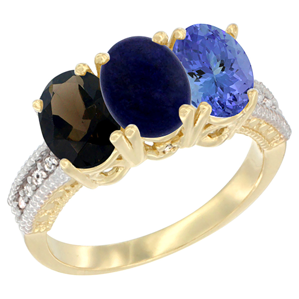 14K Yellow Gold Natural Smoky Topaz, Lapis & Tanzanite Ring 3-Stone 7x5 mm Oval Diamond Accent, sizes 5 - 10