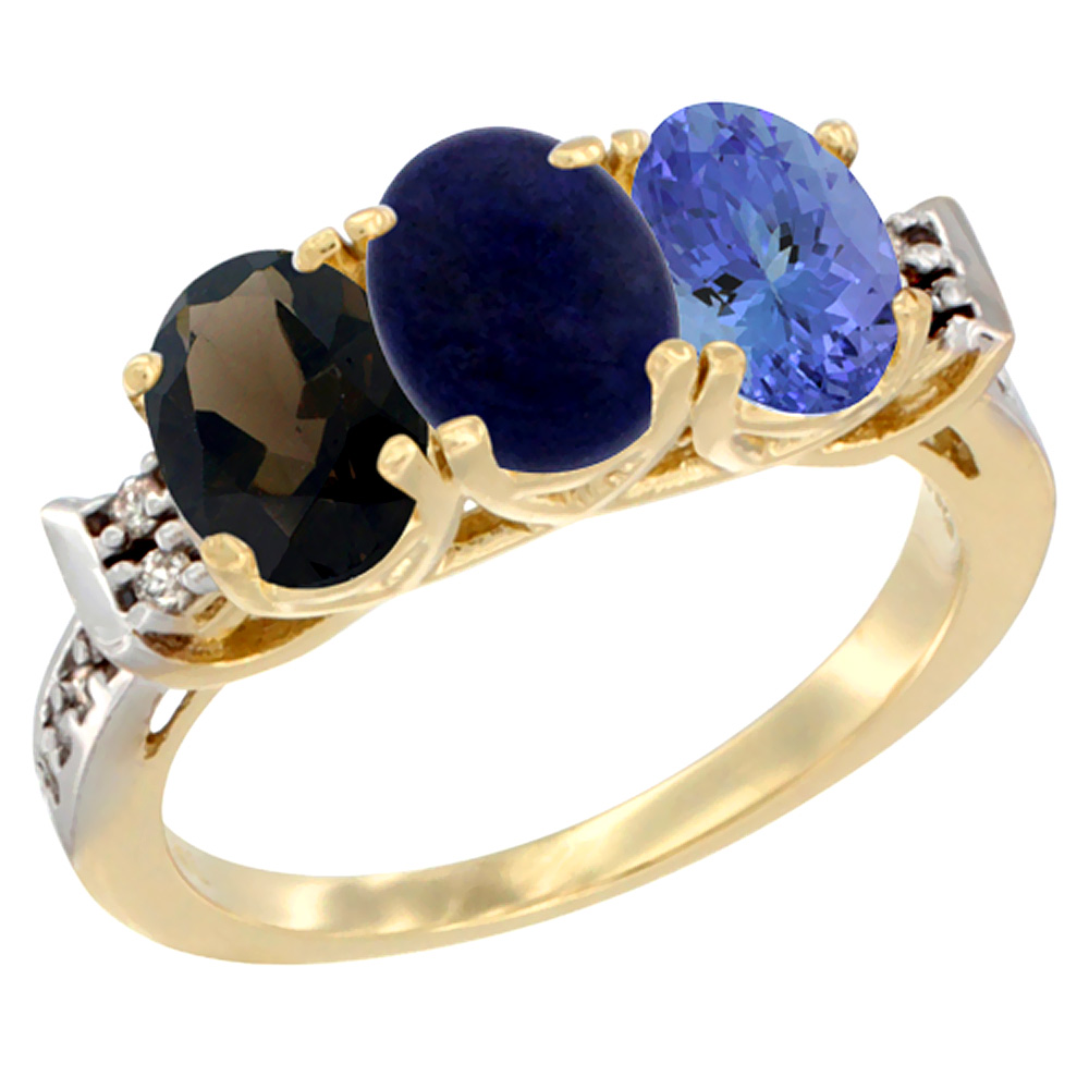 14K Yellow Gold Natural Smoky Topaz, Lapis & Tanzanite Ring 3-Stone Oval 7x5 mm Diamond Accent, sizes 5 - 10