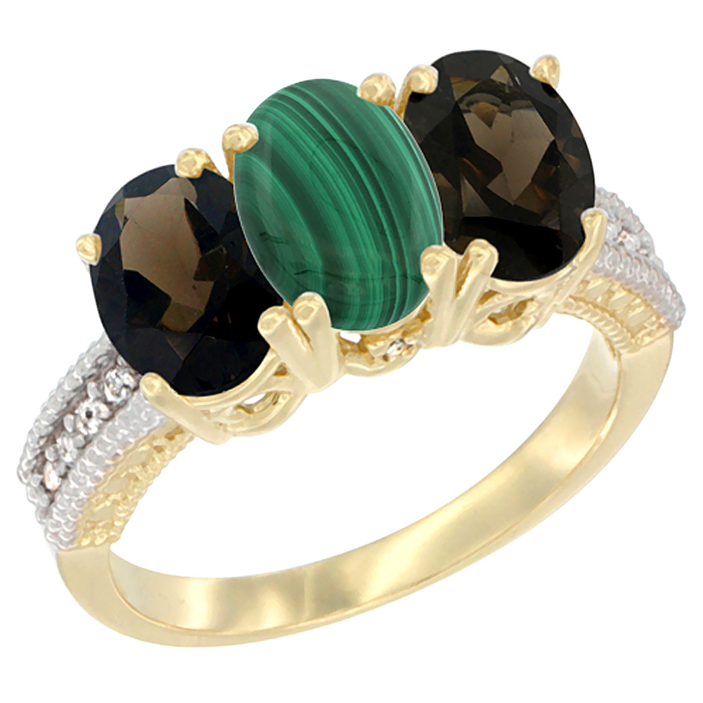 10K Yellow Gold Diamond Natural Malachite &amp; Smoky Topaz Ring 3-Stone 7x5 mm Oval, sizes 5 - 10