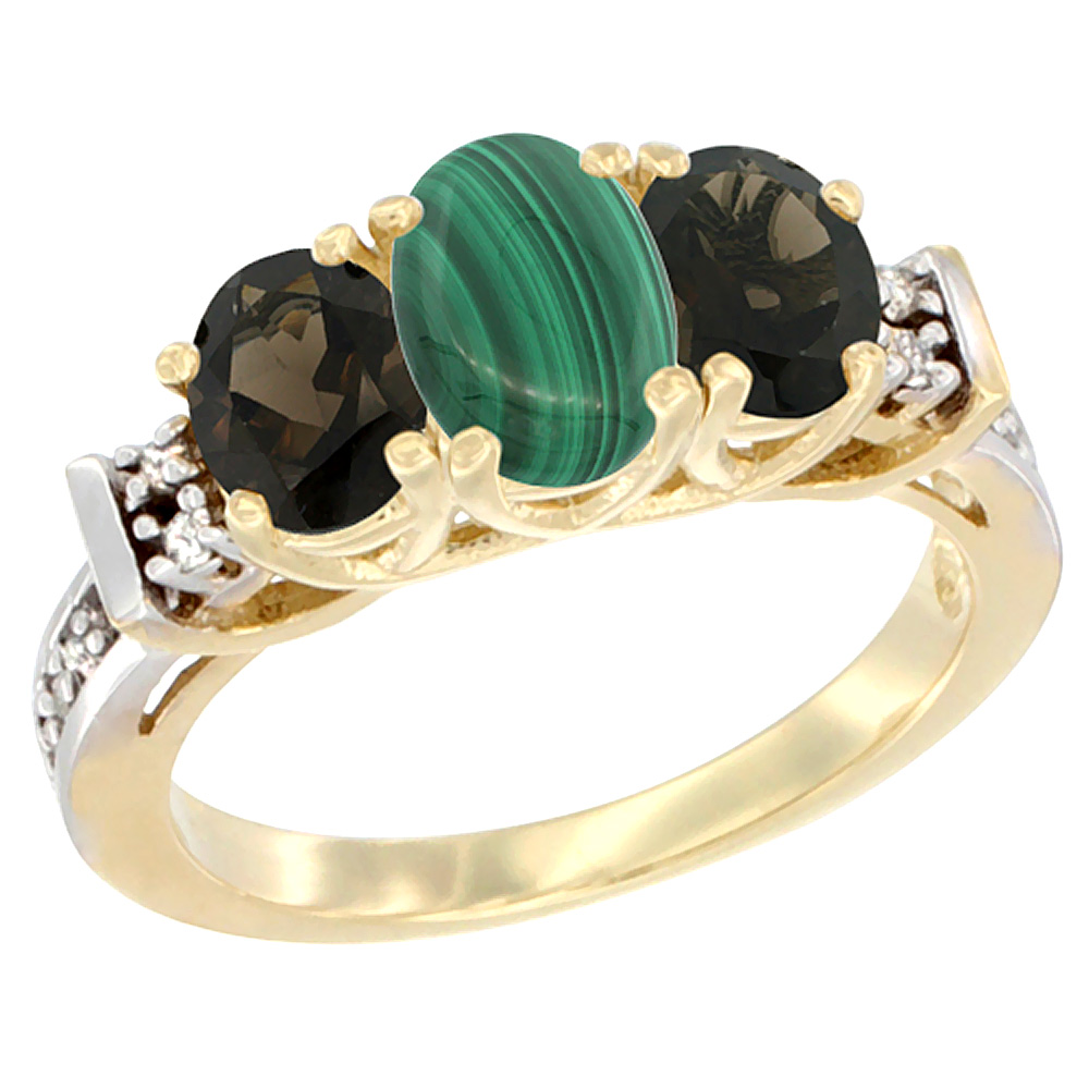 14K Yellow Gold Natural Malachite & Smoky Topaz Ring 3-Stone Oval Diamond Accent