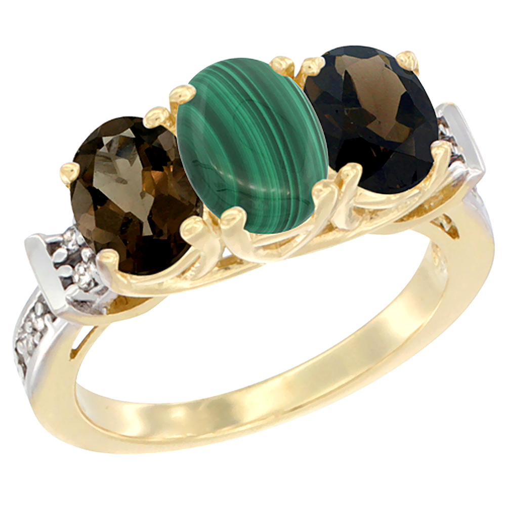 14K Yellow Gold Natural Malachite & Smoky Topaz Sides Ring 3-Stone Oval Diamond Accent, sizes 5 - 10