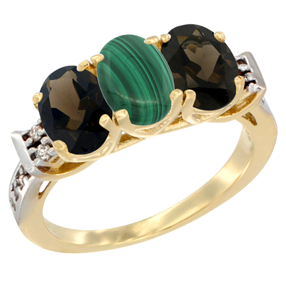 10K Yellow Gold Natural Malachite &amp; Smoky Topaz Sides Ring 3-Stone Oval 7x5 mm Diamond Accent, sizes 5 - 10