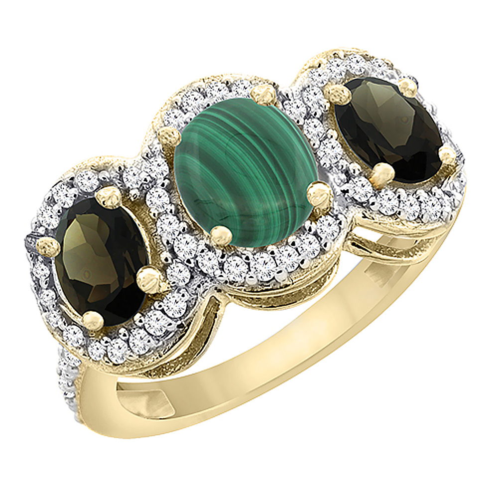 14K Yellow Gold Natural Malachite & Smoky Topaz 3-Stone Ring Oval Diamond Accent, sizes 5 - 10