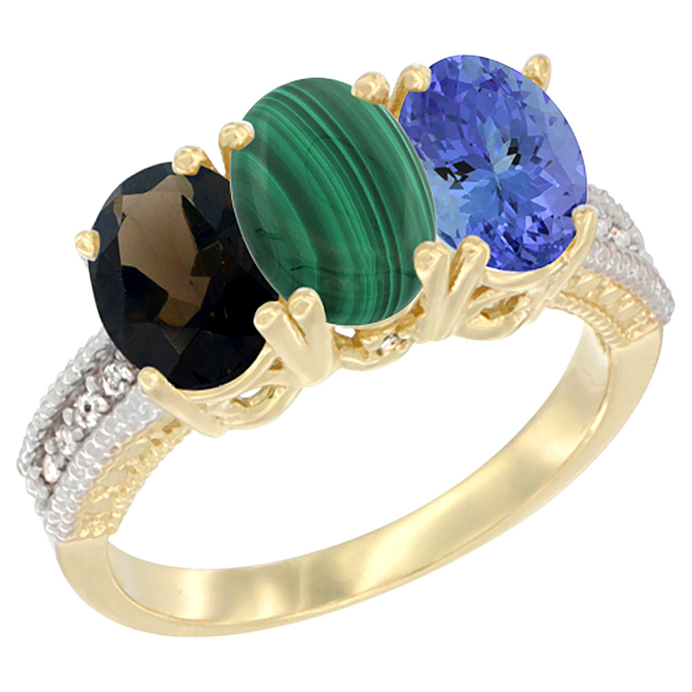 10K Yellow Gold Diamond Natural Smoky Topaz, Malachite & Tanzanite Ring 3-Stone 7x5 mm Oval, sizes 5 - 10