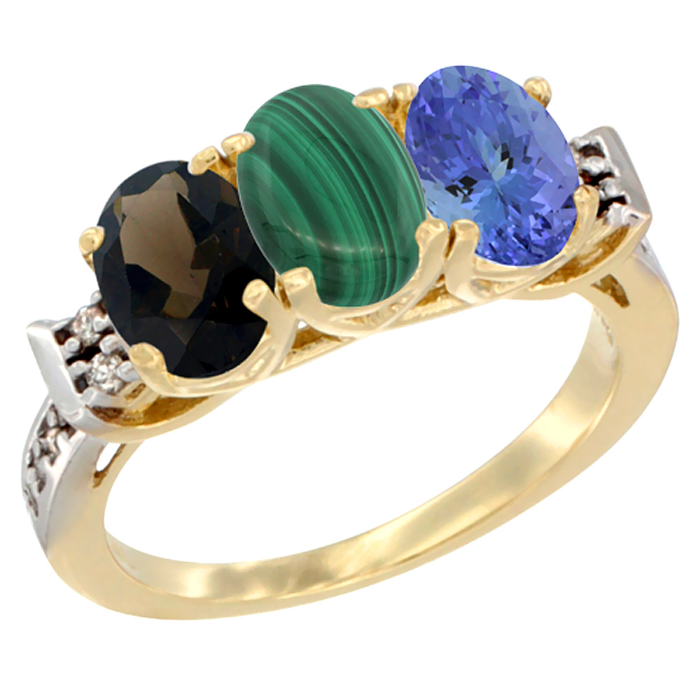 10K Yellow Gold Natural Smoky Topaz, Malachite &amp; Tanzanite Ring 3-Stone Oval 7x5 mm Diamond Accent, sizes 5 - 10