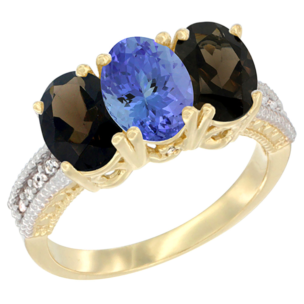 14K Yellow Gold Natural Tanzanite & Smoky Topaz Ring 3-Stone 7x5 mm Oval Diamond Accent, sizes 5 - 10