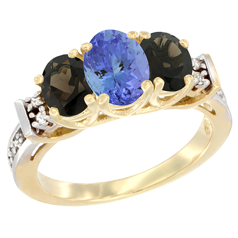 14K Yellow Gold Natural Tanzanite & Smoky Topaz Ring 3-Stone Oval Diamond Accent