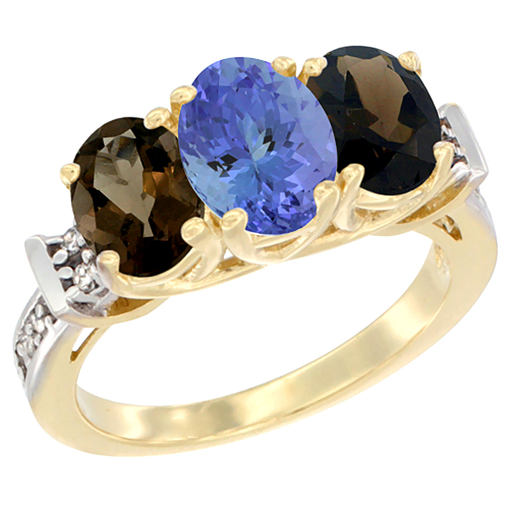 10K Yellow Gold Natural Tanzanite & Smoky Topaz Sides Ring 3-Stone Oval Diamond Accent, sizes 5 - 10