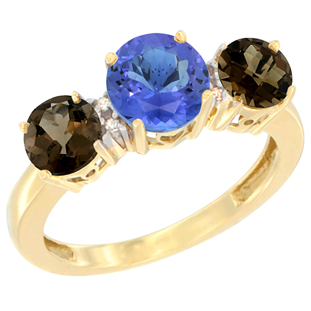 10K Yellow Gold Round 3-Stone Natural Tanzanite Ring & Smoky Topaz Sides Diamond Accent, sizes 5 - 10