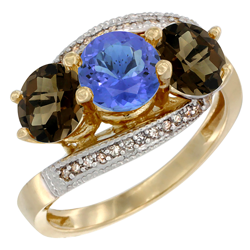 10K Yellow Gold Natural Tanzanite & Smoky Topaz Sides 3 stone Ring Round 6mm Diamond Accent, sizes 5 - 10