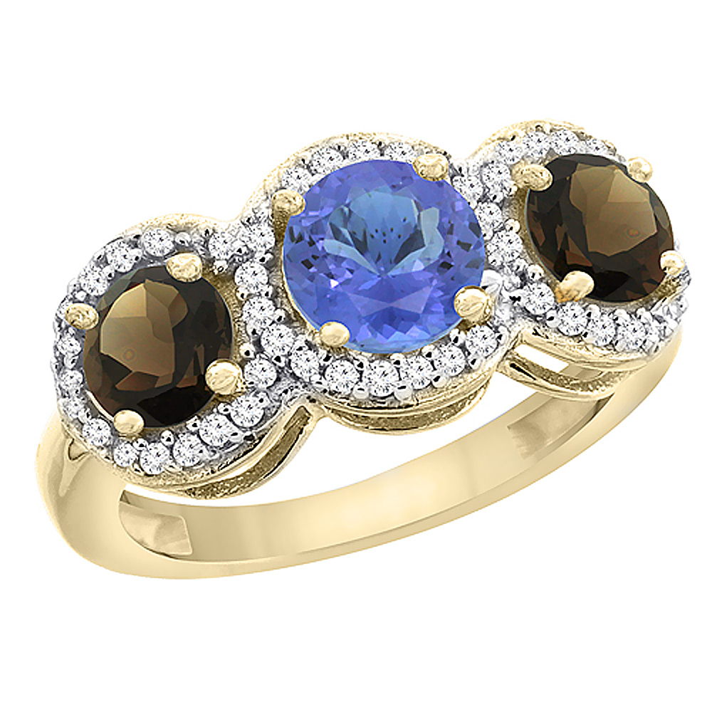 10K Yellow Gold Natural Tanzanite & Smoky Topaz Sides Round 3-stone Ring Diamond Accents, sizes 5 - 10