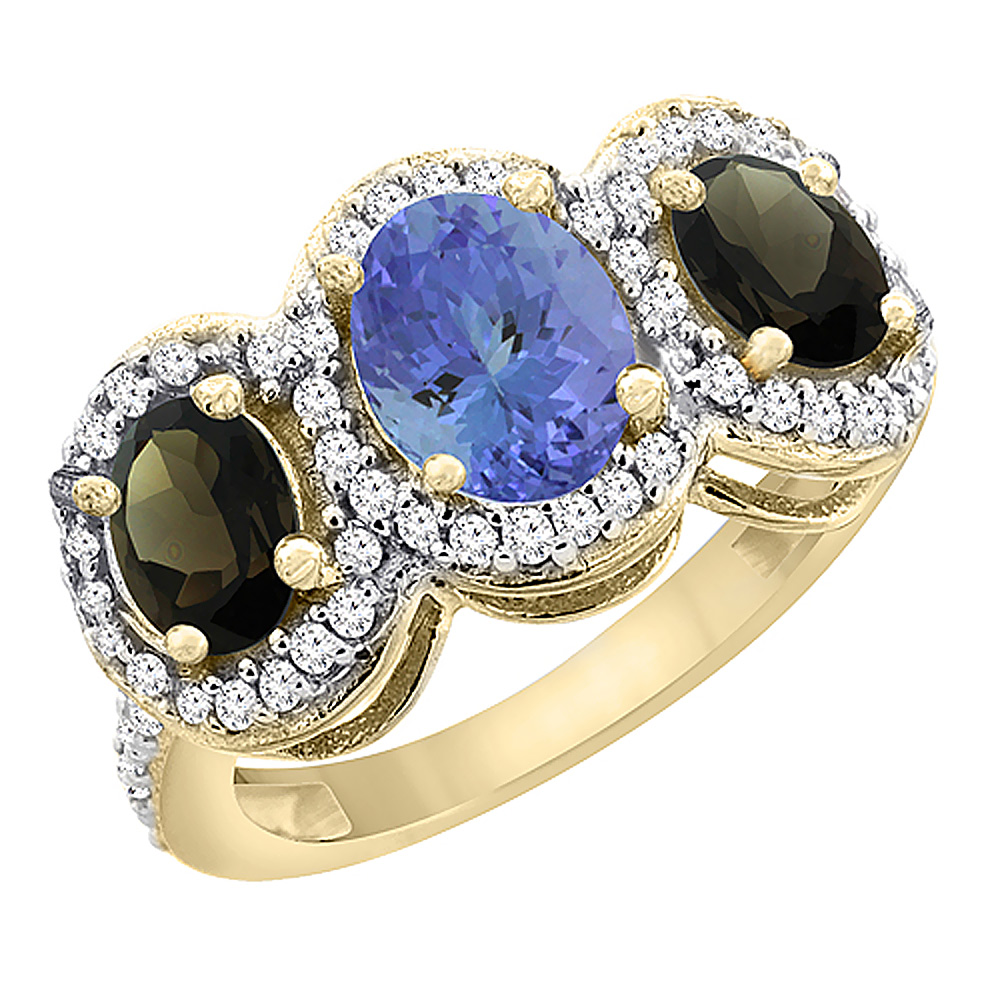 14K Yellow Gold Natural Tanzanite & Smoky Topaz 3-Stone Ring Oval Diamond Accent, sizes 5 - 10