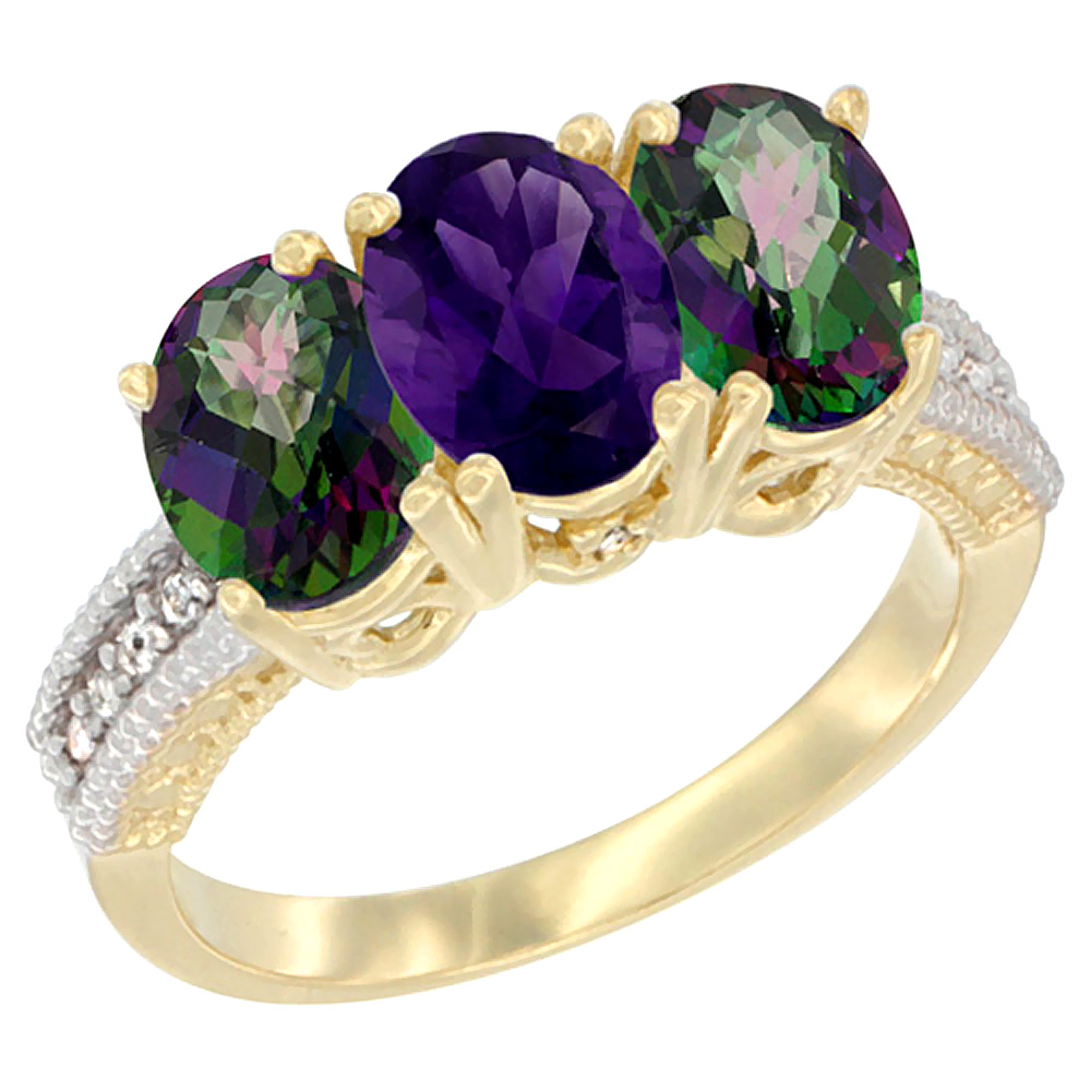 10K Yellow Gold Diamond Natural Amethyst &amp; Mystic Topaz Ring 3-Stone 7x5 mm Oval, sizes 5 - 10