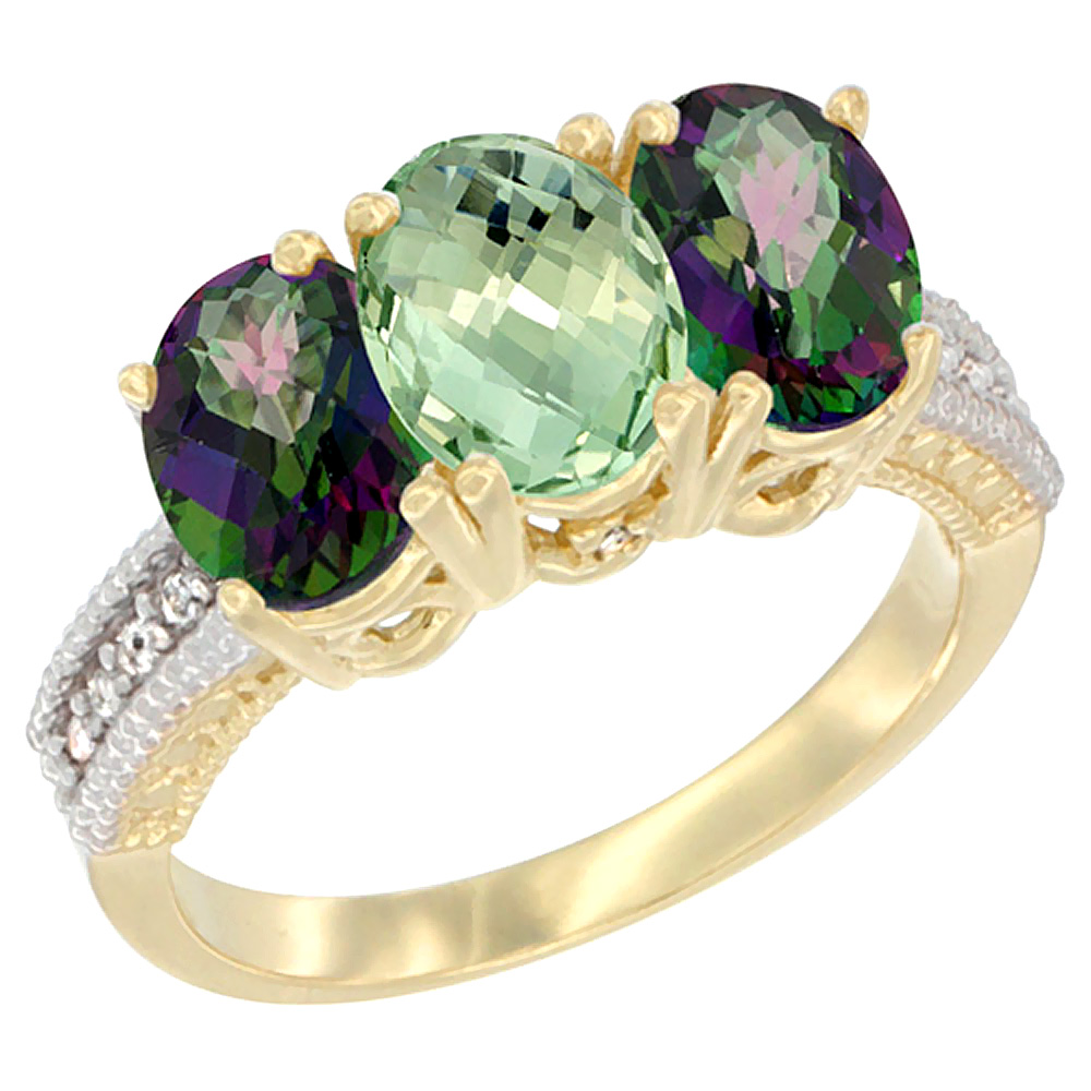 10K Yellow Gold Diamond Natural Green Amethyst & Mystic Topaz Ring 3-Stone 7x5 mm Oval, sizes 5 - 10