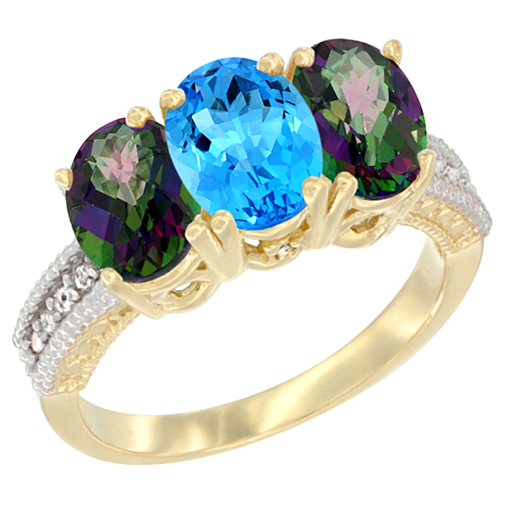 10K Yellow Gold Diamond Natural Swiss Blue Topaz &amp; Mystic Topaz Ring 3-Stone 7x5 mm Oval, sizes 5 - 10