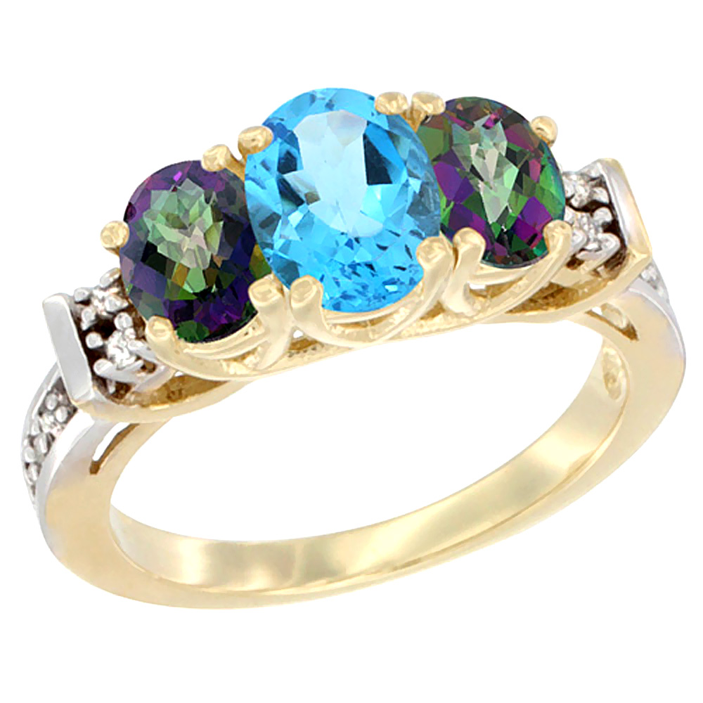 14K Yellow Gold Natural Swiss Blue Topaz & Mystic Topaz Ring 3-Stone Oval Diamond Accent