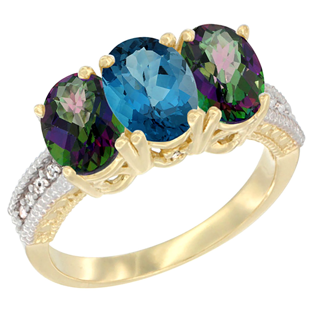 10K Yellow Gold Diamond Natural London Blue Topaz & Mystic Topaz Ring 3-Stone 7x5 mm Oval, sizes 5 - 10