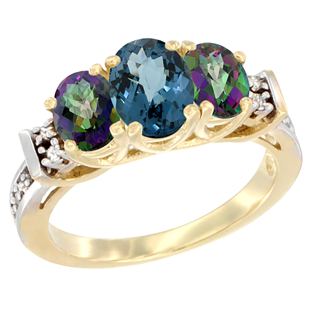 10K Yellow Gold Natural London Blue Topaz & Mystic Topaz Ring 3-Stone Oval Diamond Accent