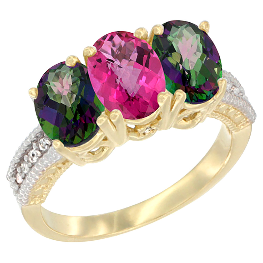 10K Yellow Gold Diamond Natural Pink Topaz & Mystic Topaz Ring 3-Stone 7x5 mm Oval, sizes 5 - 10