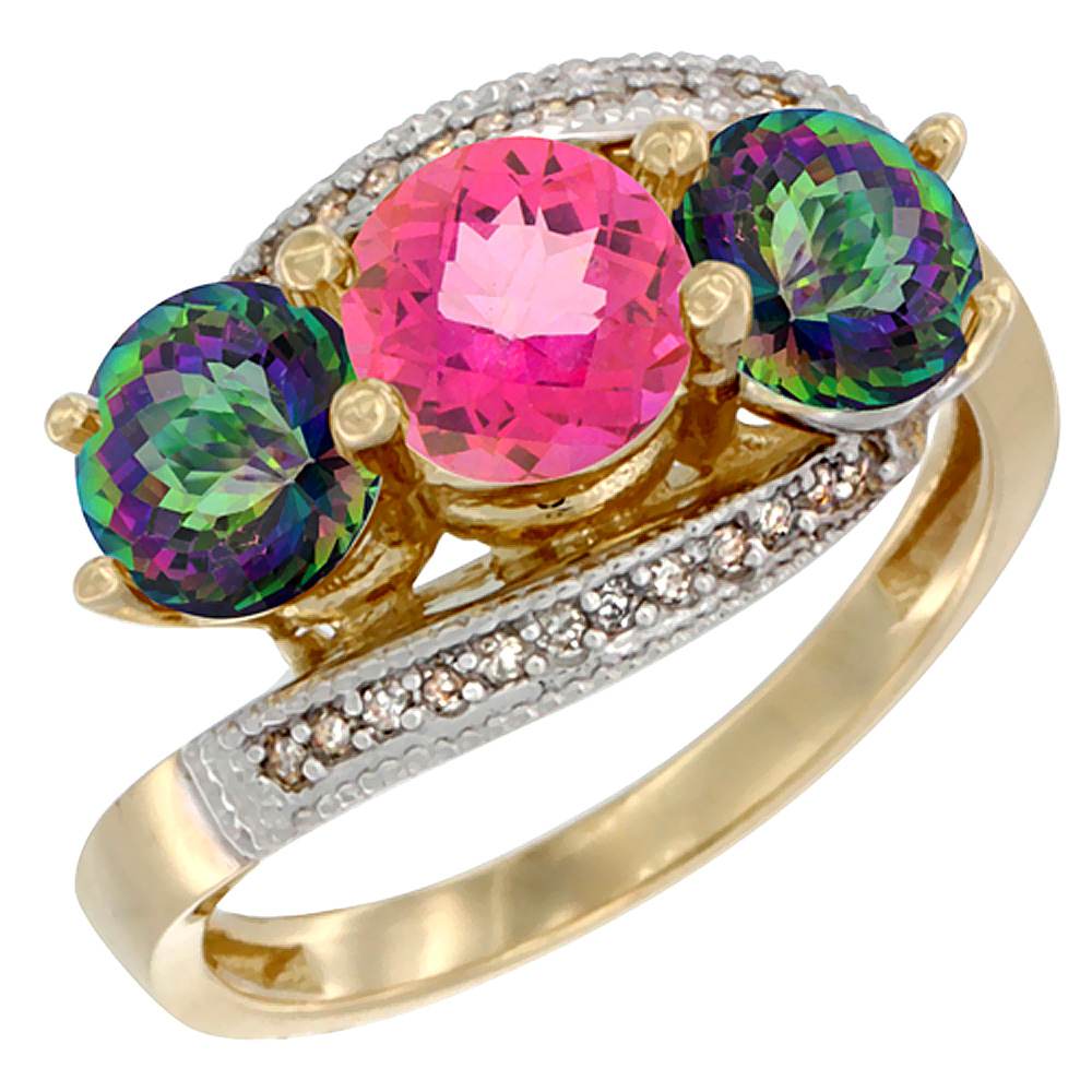 10K Yellow Gold Natural Pink Topaz & Mystic Topaz Sides 3 stone Ring Round 6mm Diamond Accent, sizes 5 - 10