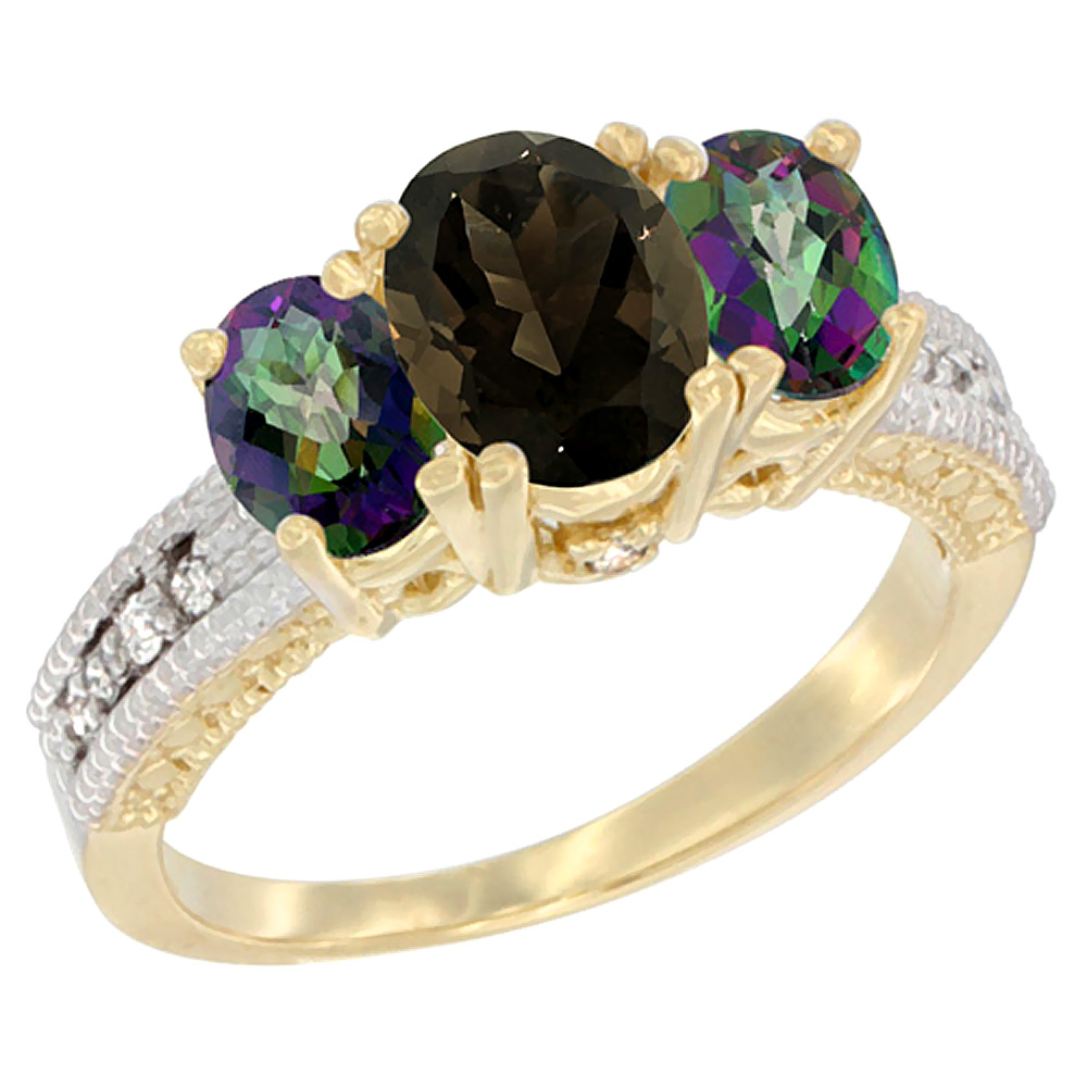 10K Yellow Gold Diamond Natural Smoky Topaz Ring Oval 3-stone with Mystic Topaz, sizes 5 - 10