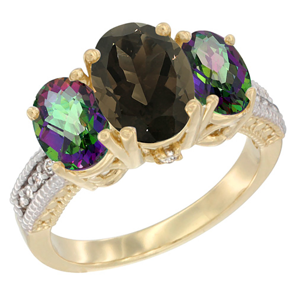 10K Yellow Gold Diamond Natural Smoky Topaz Ring 3-Stone Oval 8x6mm with Mystic Topaz, sizes5-10