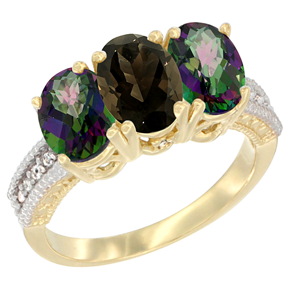 10K Yellow Gold Diamond Natural Smoky Topaz & Mystic Topaz Ring 3-Stone 7x5 mm Oval, sizes 5 - 10