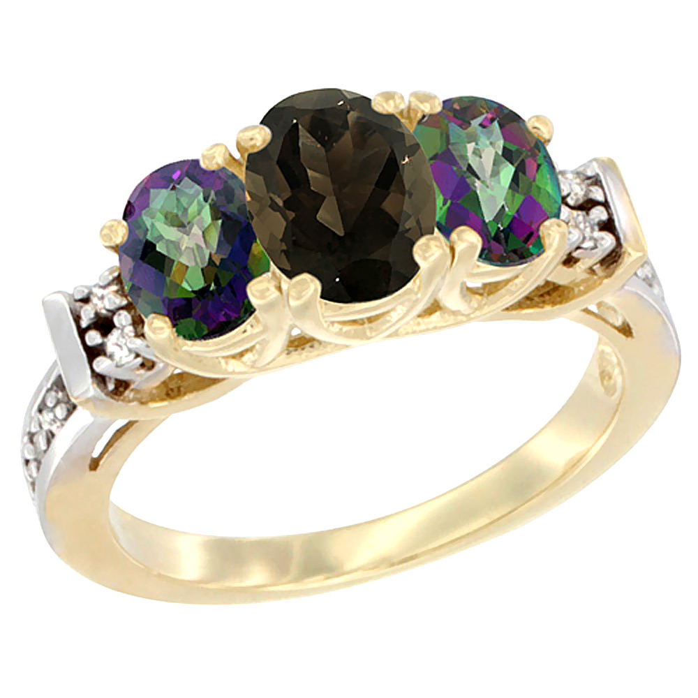 14K Yellow Gold Natural Smoky Topaz & Mystic Topaz Ring 3-Stone Oval Diamond Accent