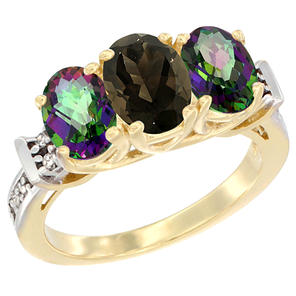 14K Yellow Gold Natural Smoky Topaz & Mystic Topaz Sides Ring 3-Stone Oval Diamond Accent, sizes 5 - 10