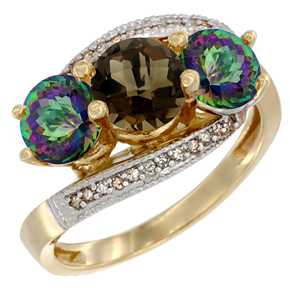 14K Yellow Gold Natural Smoky Topaz & Mystic Topaz Sides 3 stone Ring Round 6mm Diamond Accent, sizes 5 - 10