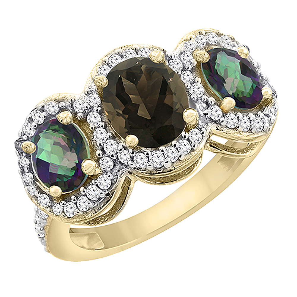 14K Yellow Gold Natural Smoky Topaz & Mystic Topaz 3-Stone Ring Oval Diamond Accent, sizes 5 - 10