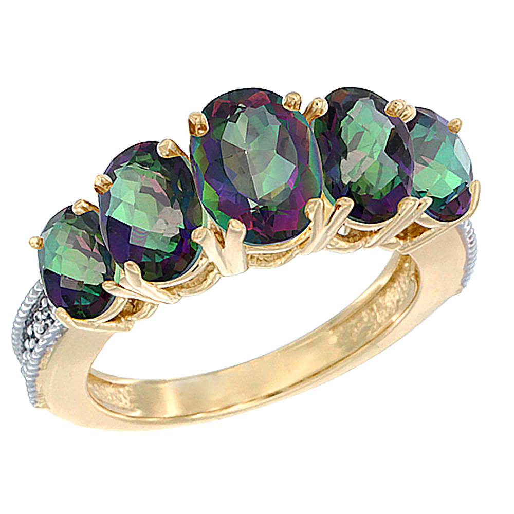 14K Yellow Gold Diamond Natural Mystic Topaz Ring 5-stone Oval 8x6 Ctr,7x5,6x4 sides, sizes 5 - 10