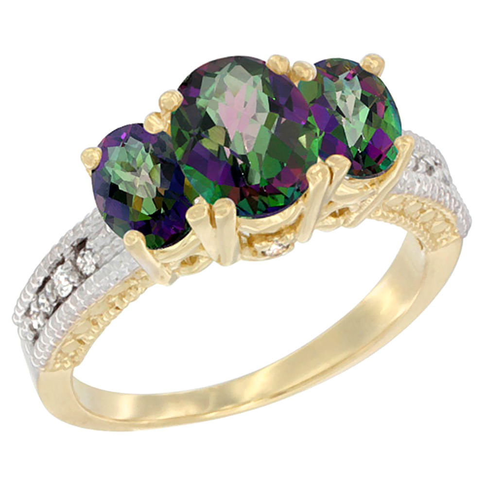 14K Yellow Gold Diamond Natural Mystic Topaz Ring Oval 3-stone, sizes 5 - 10