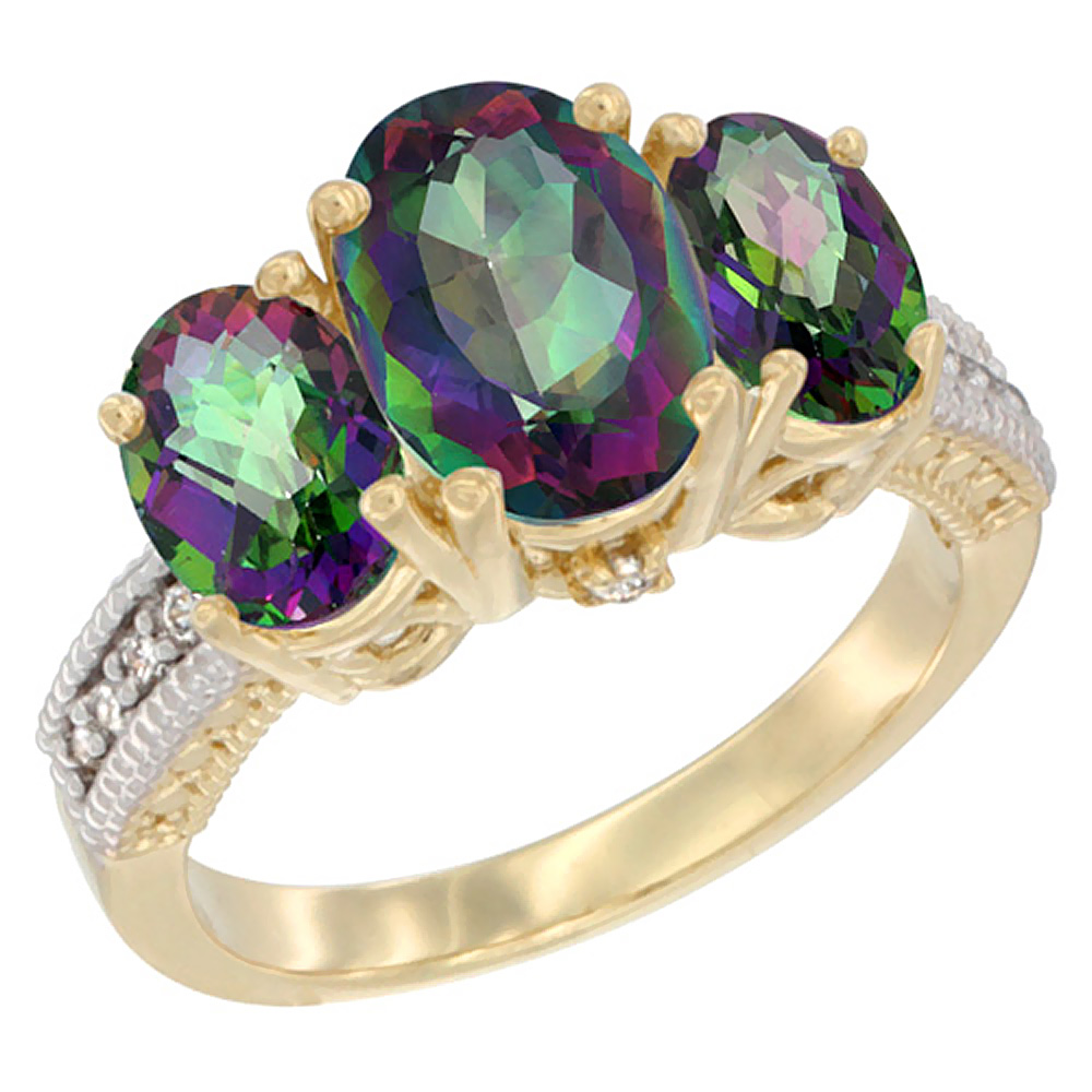 14K Yellow Gold Diamond Natural Mystic Topaz Ring 3-Stone Oval 8x6mm, sizes5-10