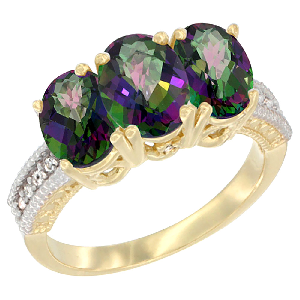 14K Yellow Gold Natural Mystic Topaz Ring 3-Stone 7x5 mm Oval Diamond Accent, sizes 5 - 10