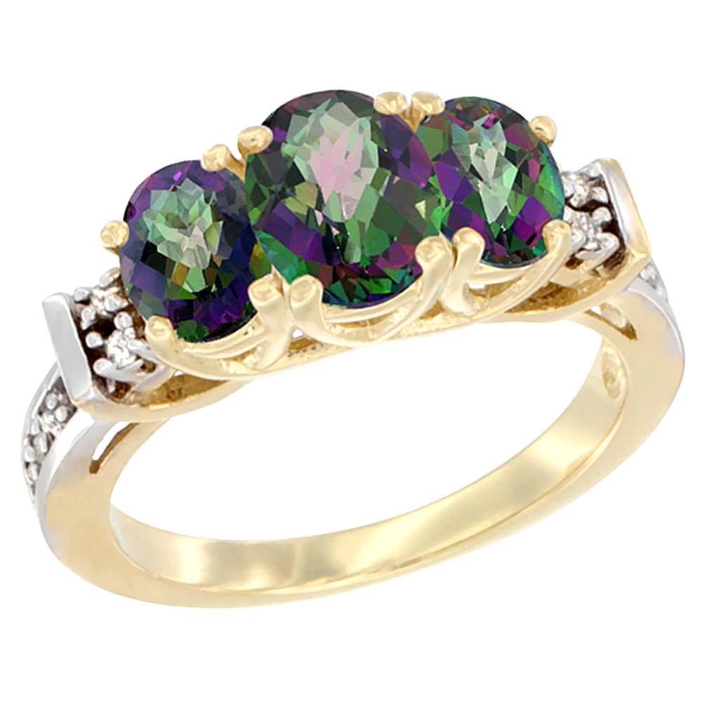 14K Yellow Gold Natural Mystic Topaz Ring 3-Stone Oval Diamond Accent