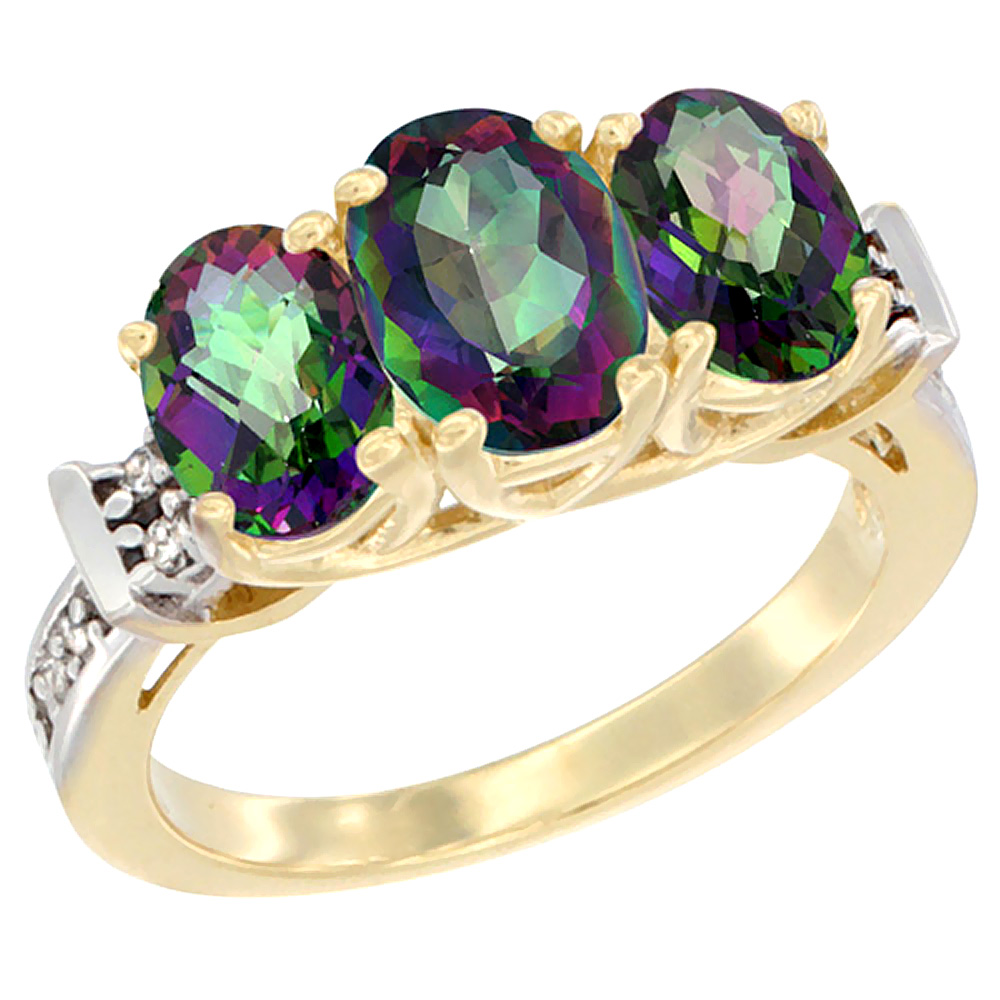 14K Yellow Gold Natural Mystic Topaz Ring 3-Stone Oval Diamond Accent, sizes 5 - 10