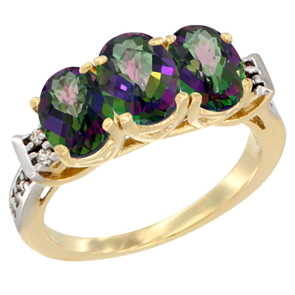 14K Yellow Gold Natural Mystic Topaz Ring 3-Stone Oval 7x5 mm Diamond Accent, sizes 5 - 10