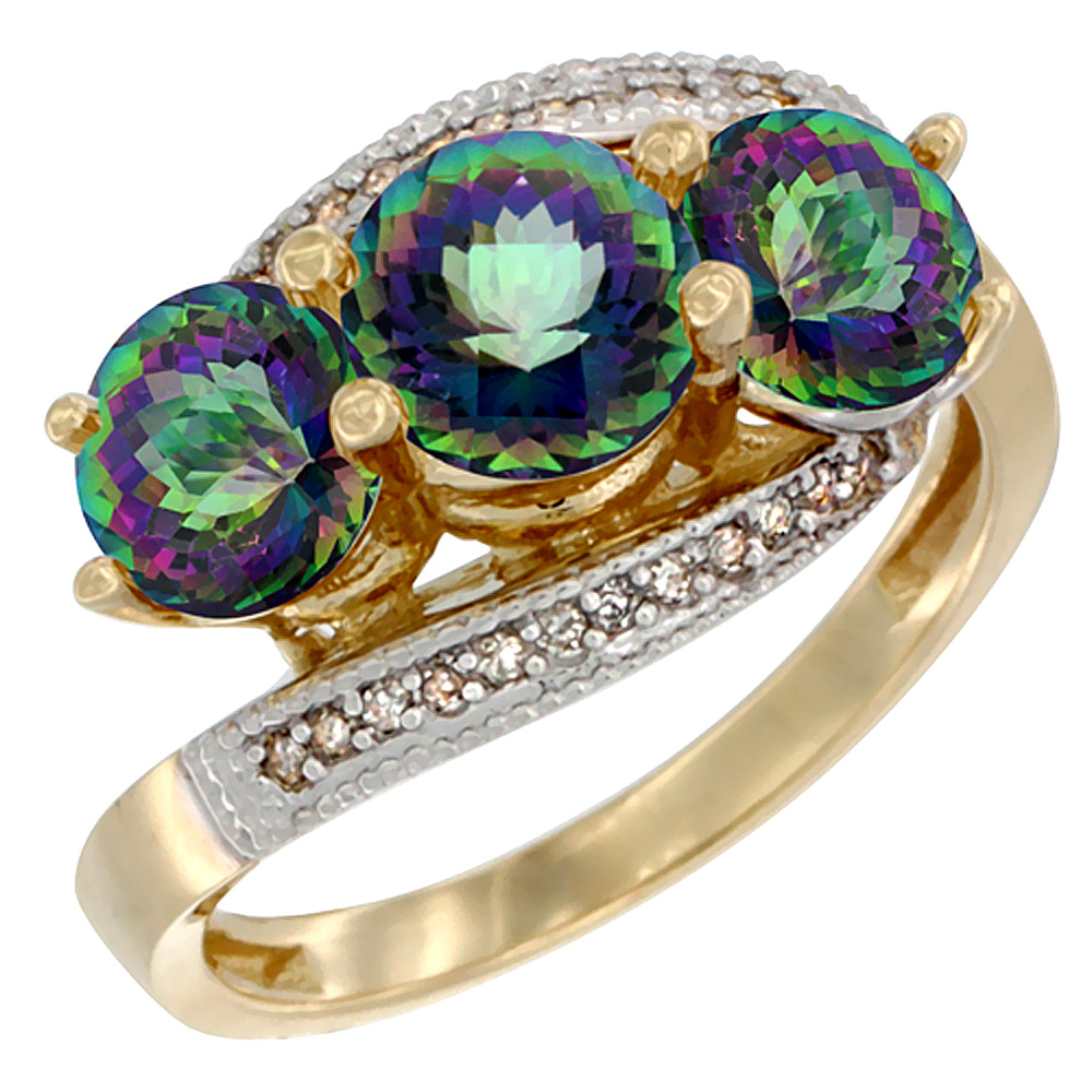 14K Yellow Gold Natural Mystic Topaz 3 stone Ring Round 6mm Diamond Accent, sizes 5 - 10