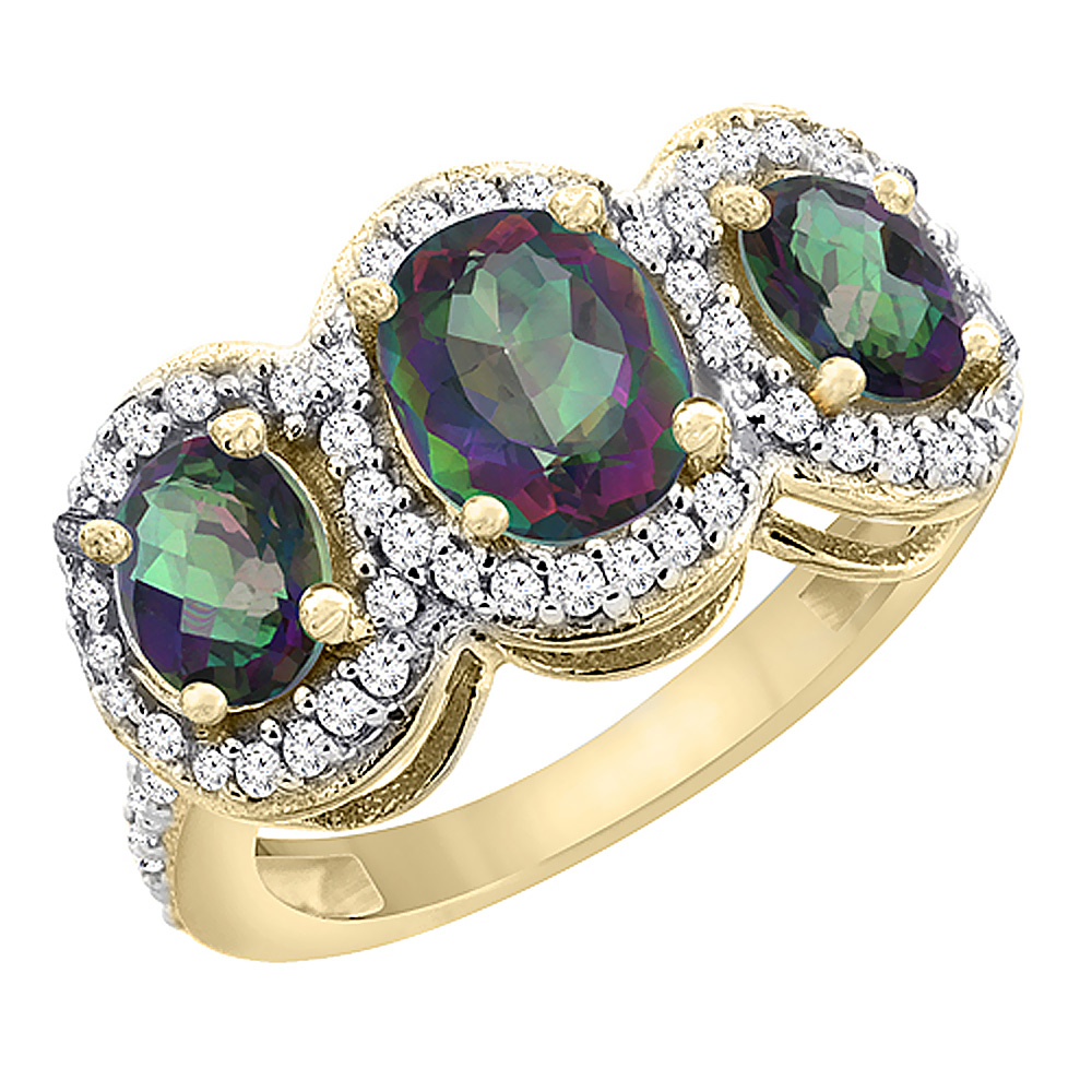 14K Yellow Gold Natural Mystic Topaz 3-Stone Ring Oval Diamond Accent, sizes 5 - 10