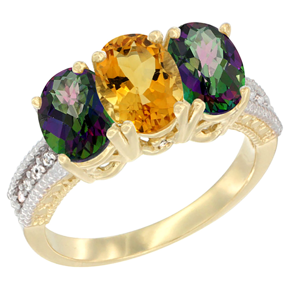 10K Yellow Gold Diamond Natural Citrine &amp; Mystic Topaz Sides Ring 3-Stone 7x5 mm Oval, sizes 5 - 10