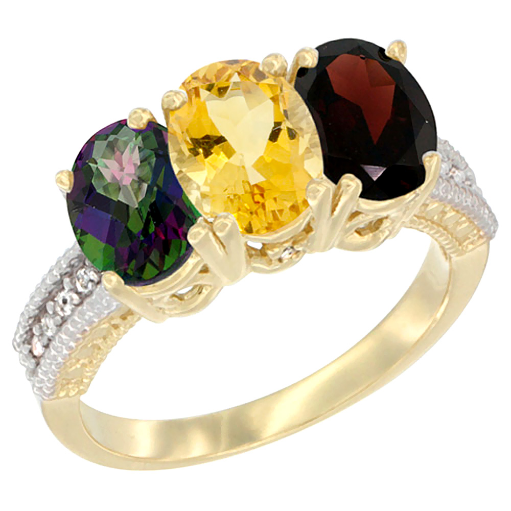 10K Yellow Gold Diamond Natural Mystic Topaz, Citrine & Garnet Ring 3-Stone 7x5 mm Oval, sizes 5 - 10