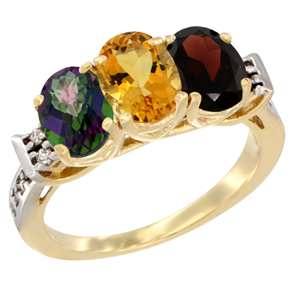 14K Yellow Gold Natural Mystic Topaz, Citrine & Garnet Ring 3-Stone Oval 7x5 mm Diamond Accent, sizes 5 - 10