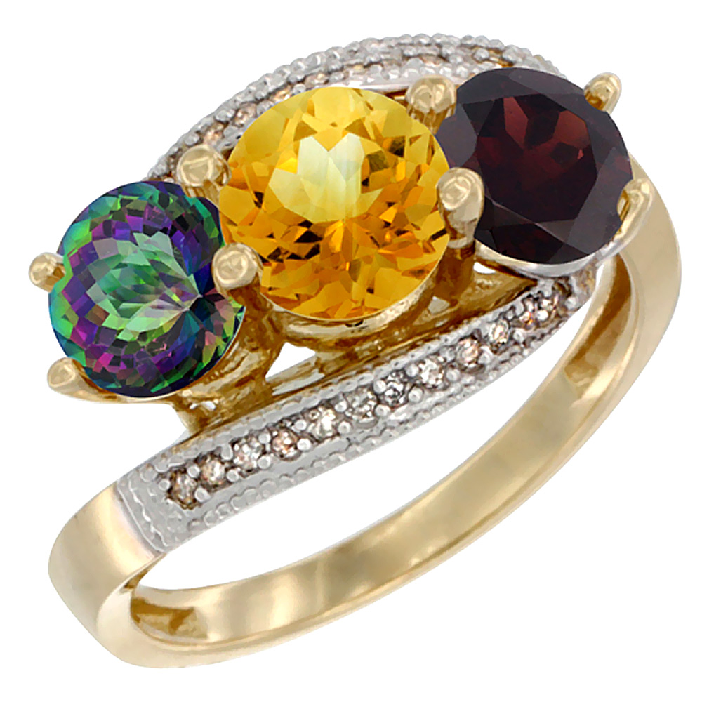 10K Yellow Gold Natural Mystic Topaz, Citrine & Garnet 3 stone Ring Round 6mm Diamond Accent, sizes 5 - 10